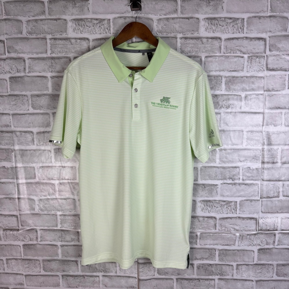 Adidas Climachill Polo Shirt Mens Medium Green Striped Venetian Resort Las Vegas - Picture 2 of 8